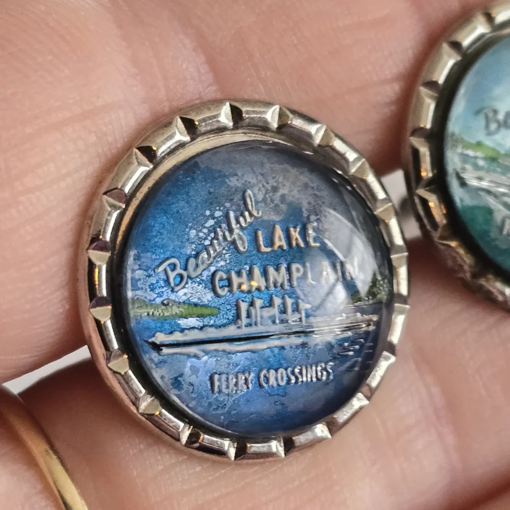 Vintage cuff links Lake Champlain Ferry Crossings silver tone bubble dome